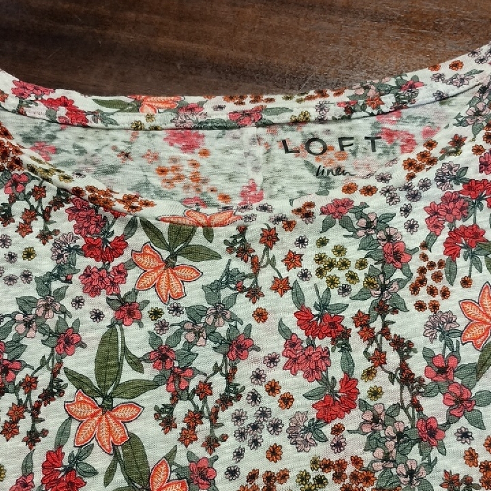 LOFT Linen Floral Short-Sleeve Top in Mint with Pink & Orange Flowers